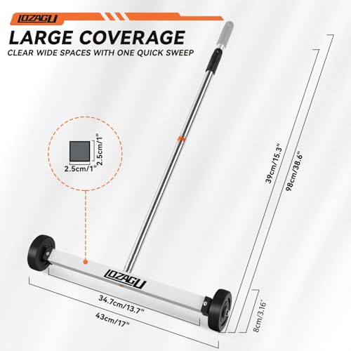 LOZAGU 17\" Rolling Magnetic Sweeper with Wheels with Wheels, 8.8 Lbs Pull Force with Telescoping Holder