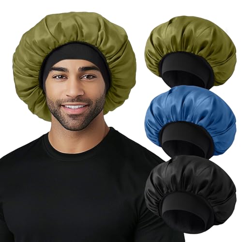3 gorros de satén para hombre, para dormir, banda elástica suave, capó de seda para dormir para trenzas de cabello rizado (color 03), color 03, talla única