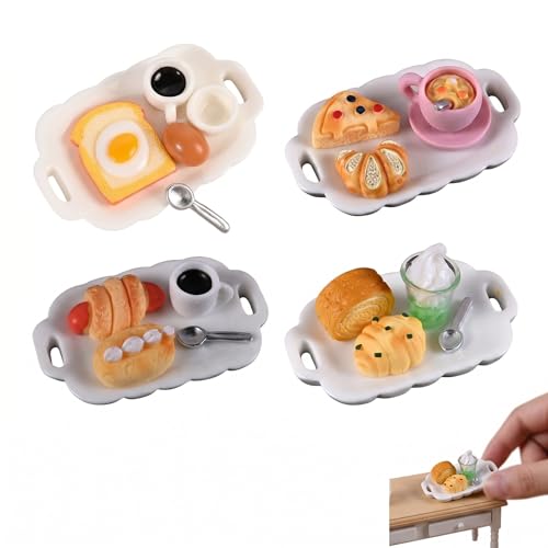 4 Sets Cuisine Miniature, Mini Food, Set de Petit Déjeuner pour Maison de Poupée, Miniatures, Accessoires pour Maison de Poupée, Set de Petit Déjeuner Simulé avec Gâteau et Pain