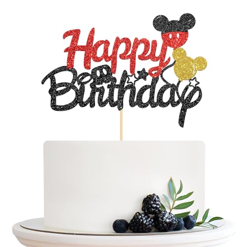 Cartoon Mouse Happy Birthday Cake Topper, Children Boys Girls Birthday Cake Topper, Baby Shower Baby Birthday Party Cake Decorations, Black Glitter by Halodete - Used condition - US$7.19