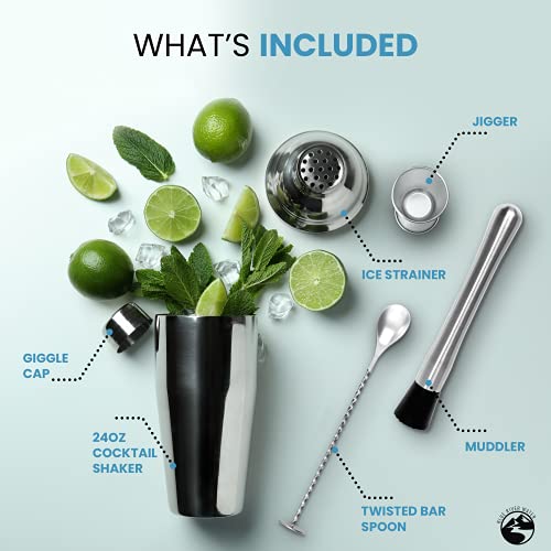 24Oz Cocktail Shaker Set - Bar Tools Drink Shaker Built-In Cocktail Strainer, Muddler, Jigger, Mixing Spoon, Recipe Book – Martini Shaker/Drink Mixer-Bar Accessories/Bartender Kit For Home Bar Set #TOP2