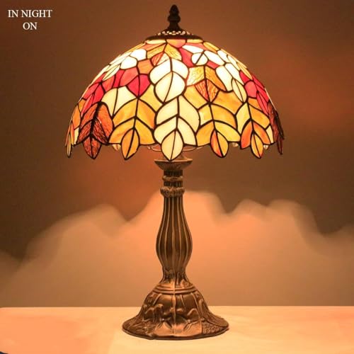 WERFACTORY Tiffany Table Lamp Stained Glass Style Maple Leaf Bedside Lamp Desk Reading Light 12X12X18 Inches Decor Bedroom Living Room Home Office S804 Series