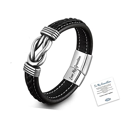 Liu Jun Graduation Gifts Bracelets For Boys, To My Son/Grandson Bracelet From Mom Grandma Stainless Steel Inspirational Wristband, Mens Braided Leather Bracelet Bangle Wristband (Grandson-3) #TOP10