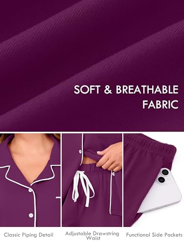 AusLook Plus Size Purple Pajama Set for Women Short Sleeve Button Down Sleepwear 2 Piece Loungewear with Pockets Notch Collar Drawstring Pajama Shorts Soft Comfy PJ 5X Set — view 6