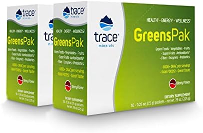 Trace Minerals | Greens Pak | Powder Drink Mix Dietary Supplement for Adults and Kids | 50+ Super Foods, Raw Vegetables, Fruits, Enzymes, Probiotics | Natural Berry Flavor | 60 Packets