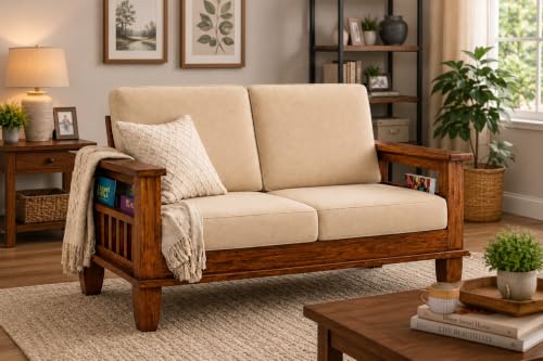 Image of Wood Sofa Set 2 Seater Home Living Room | 2 Seater Sofa Set Wooden | Office Furniture Sofa Set | Without Pillow | Two Seater Sofa Set (Honey, 2 Seater)