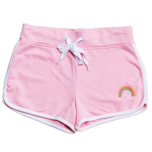 WiNi BEE Girls' Athletic Shorts with Rainbow Print, 6-14 Years, Drawstring Waist & White Contrast Trim - Running, Soccer, Gym Training Shorts (AU, Age, 6 Years, Pink)