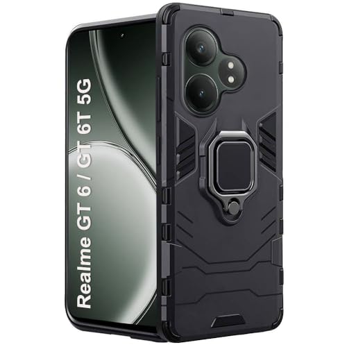 Image of TheGiftKart Tough Armor Bumper Back Case Cover for Realme GT 6 / GT 6T 5G | Ring Holder & Kickstand in-Built | 360 Degree Protection Back Case Cover for Realme GT 6 / GT 6T 5G (PC & TPU, Black)