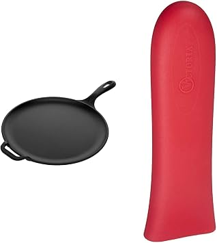 Victoria 12-Inch Cast Iron Comal Pizza Pan with Silicone Handle Cover | Preseasoned Round Griddle Pan