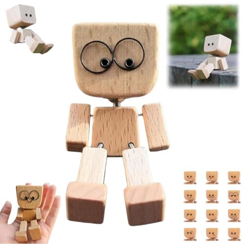 Schüttelmann Holz,Shaking Schüttelnde Holzmann-Figur,Schüttelmann aus Naturholz,Kleine Holzfigur mit 12 Magnetischen Ausdrücke Schwankt,Wackelnder Holzmans,Handgefertigte Actionfigur Auto Ornament (A)