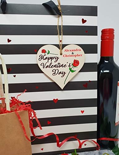 Personalised Handmade Wooden Hanging Heart Plaque Valentine's Gift Happy Valentines Day classic single red rose design gift for someone special boyfriend girlfriend husband wife romantic keepsake