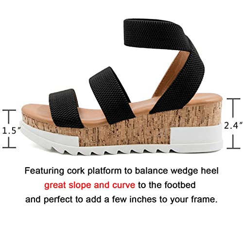 Athlefit Women's Wedge Sandals Platform Sandals Cork Elastic Strap Sandals Size 7.5 Black #TOP4