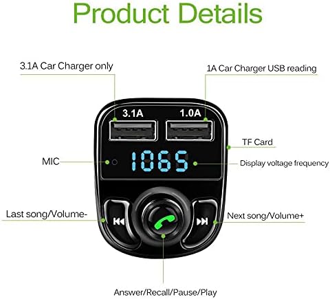 Dchannel Car Wireless Bluetooth FM Transmitter MP3 Player USB Car Fast Charger Adapter with built-in MIC, Hands-Free Calling, Dual USB Charger 5V/3.1A and 1A, Support SD Card, USB Disk