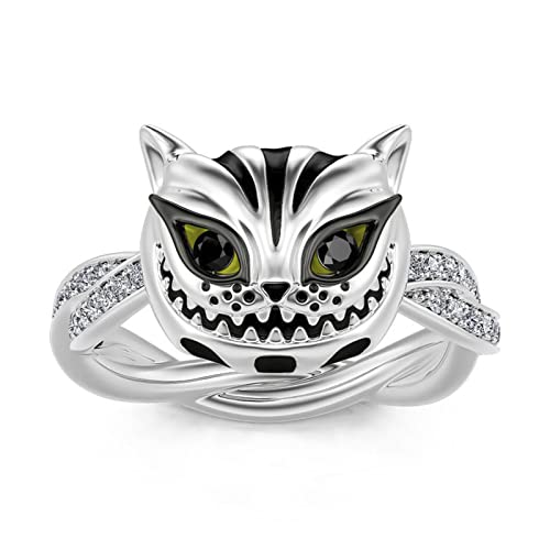 Image of Jeulia Sterling Silver Cheshire Cat Rings for Women Enamel Rings Handmade Diamond White Fancy Black Cubic Zirconia Bridal Set Wedding Anniversary Engagement Promise with Jewelry Gift Box