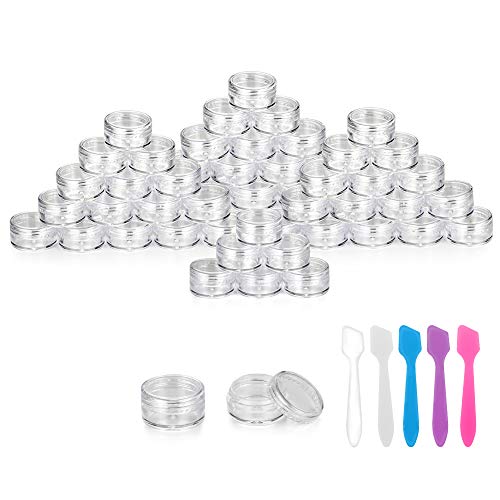 Accmor 100 Pieces 3g Empty Clear Plastic Sample Containers with Lids Cosmetic Pot Jars with 5 Pieces Mini Spatulas