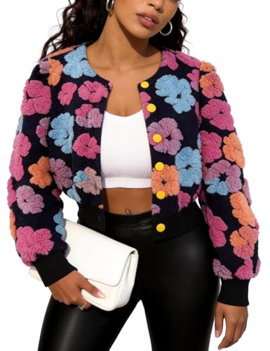 Flygo Women's Floral Bomber Jacket Warm Cropped Print Fleece Coat Outwear