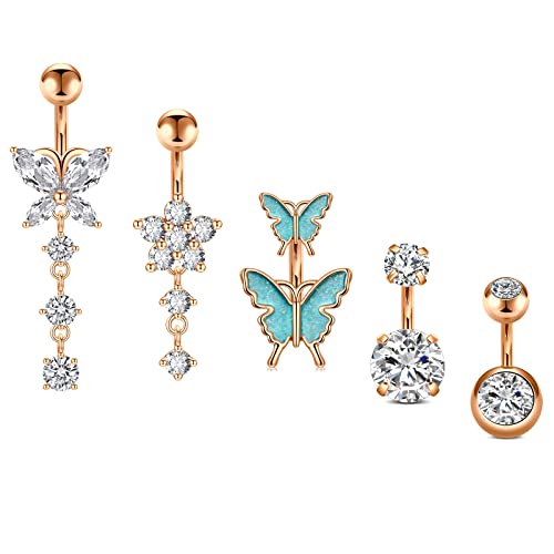Incaton 14G Belly Button Rings, Stainless Steel Diamond Belly Rings For Women, Dangle Belly Button Rings With Butterfly, 6mm Short Bar Navel Piercings Rose Gold 6mm