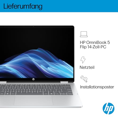 HP OmniBook 5 Flip 14-fp0254ng 2 in 1 Convertible Laptop, 14 Zoll 2K-Touchscreen (1920 x 1200), Intel Core i5-1334U, 16 GB RAM, 512 GB SSD, QWERTZ, Windows 11 Home, Silber