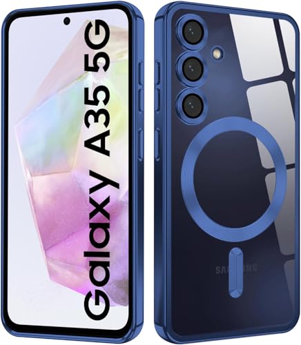 VONZEE Samsung A35 5g Case, Compatible with Mag Safe Back Cover,Magnetic Plating Electroplate TPU Wireless Charging Shockproof Case with Camera Protector Lens (Blue)