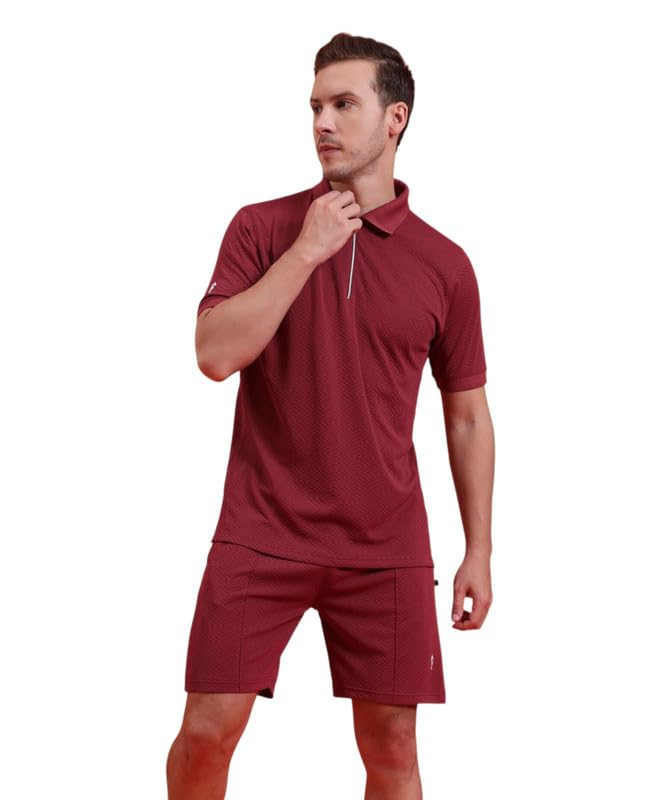 Premium Wine Co-ord Set for Men | Textured Polyester Polo T-Shirt with Zipper & Matching Mid-Rise Shorts | Two Piece Outfit | Regular Fit | Casual Wear with Pockets-image-17