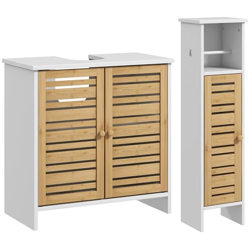 HOMCOM Conjunto de Baño Incluye 1 Mueble Bajo Lavabo 1 Columna de Baño Estrecha con Puertas de Bambú Portarrollos de Papel y Estantes Ajustables Blanco y Natural