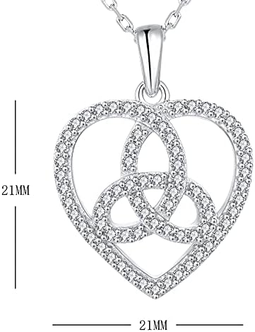 JO WISDOM Women Necklace,925 Sterling Silver Love Heart Irish Celtic Triangle Knot Triquetra Pendant Necklace with 3A Cubic Zirconia