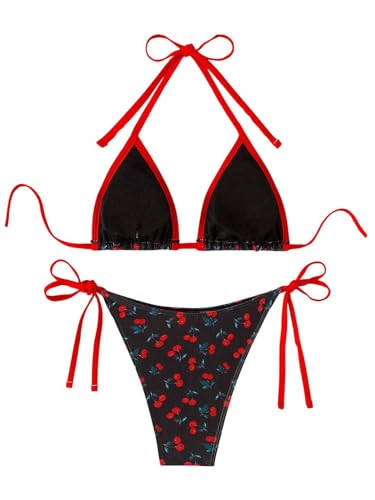 WDIRARA Women's Cherry Print Halter Swimsuit Contrast Binding Bikini Set Two Piece Tie Side Bathing Suit2