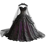 Mauuwy Plum Embroidery Bridal Dresses with Black Applique Beaded Gothic Wedding Dresses for Brides with Cape Tiered Tulle Wedding Gown Size 14