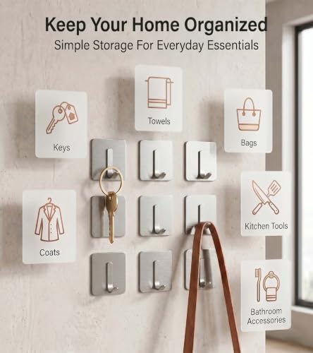 Image of Enclave Heavy Duty Adhesive Hooks, Stick on Wall Adhesive Hangers, Strong Stainless Steel Holder, Self Adhesive Hooks for Kitchen Bathroom Home Door Towel Coat Key Robe. (J Shape Silver, Pack of 4)