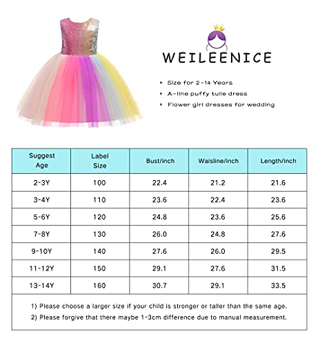 Weileenice Christmas Flower Girl Rainbow Sequin Dress Kids Princess Cosplay Costume Big Girls Special Occasion Wedding Birthday Party Tulle Dresses 11-12 Junior Bridesmaid Evening Formal Prom Gown #TOP1
