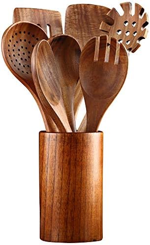 Wooden Kitchen Cooking Utensils, NAYAHOSE 8 PCS Teak Wooden Spoons and Spatula for Cooking, Sleek, Sold and Non-stick Cookware for Home Use and Kitchen Décor (8)