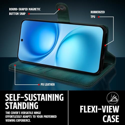 Image of WOW IMAGINE Shock Proof Flip Cover Back Case for 1+ OnePlus Nord CE 5 5G (Magnetic Button Flip Case | Wallet Pockets & Stand | Leather Finish | Forest Green)