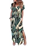 Zilcremo Women Summer Casual Maxi Dress Loose Pockets Short Sleeve Split Boho Dresses Tropical Leaf XXL