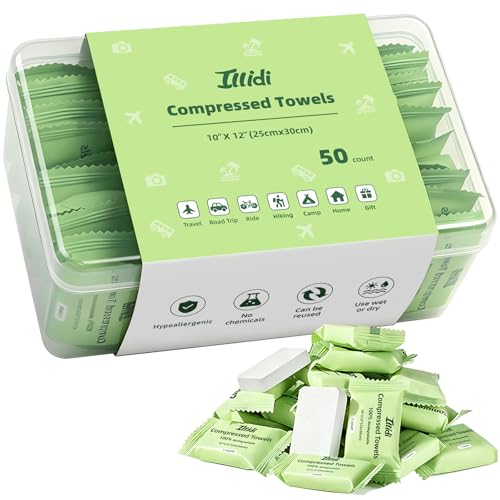 ILLIDI Compressed Towels, 50 Count Individually Wrapped Mini Tablets, Disposable Washcloths, Expands to 12 x 10 Inch Soft & Lint-Free,for Daily