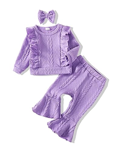 Image of 3-6 Month Baby Girl Clothes Toddler Girl Outfits Ruffle Infant Baby Girl Fall Winter Clothing Flared Pants Set Long Sleeves Shirt +Headband Purple