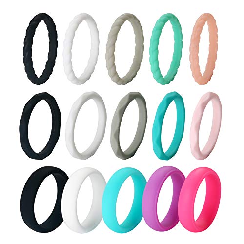 Silicone Wedding Ring for Women,15-Packs Thin and Stackable Braided Rubber Wedding Bands,Fashion Colorful Comfortable Fit Rings Set, Size 5