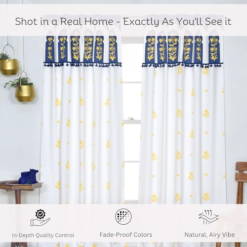 Image of Tranquebar Curtain Co. Pure Cotton Curtains for, 60-65% Room Darkening,Tasseled Lace Ethnic Indian Floral Print (Taj: Navy & Yellow) -5 Feet, 1 Piece (Length 152 cm) - with Back Tab