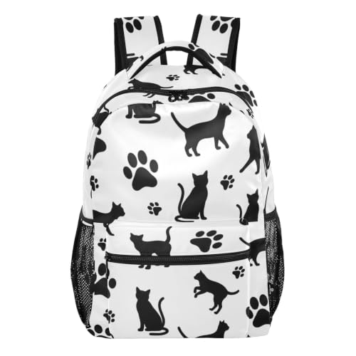 Sac à dos pour filles et garçons blanc motif pattes de chat noir pour l'école taille M