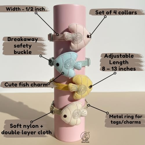 Image of PAWPRO HANDMADE Cat Collars with Breakaway Buckle - Set of 4, Adjustable 8-13 Inches, 1 /2 Inch Width, Soft Double‑Layer Nylon with Cute Fish Charm, Stylish & Comfortable (Multicolor)