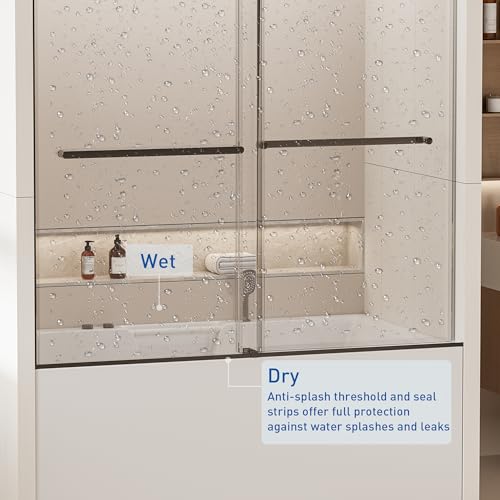 LOPOO Frameless Double Sliding Tub Door, Soft Closing, Matte Black, 56-60 in. W x 62 in. H