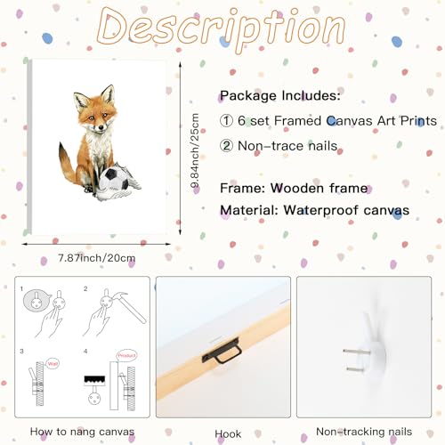 BINCUE 6 Stück Cartoon Dschungel Fußball Tier Wandkunst,Waldland Tiere Poster,Kinder Schlafzimmer Home Dekoration,Kinderzimmer Babyzimmer Bilder,Fußball Sport Inspirierender Leinwandbild,25x20cm