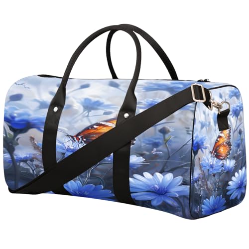 Flower Butterfly Blue Weekender Bag Travel Duffle Bag for Women Men Overnight Shoulder Bags Waterproof Foldable Sports Gym Tote Bags Carry On Luggage for Travel Sports Dance Yoga Hospital