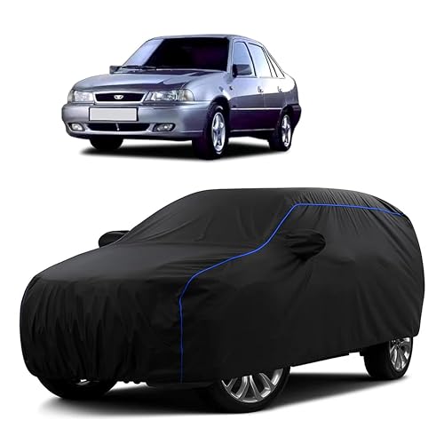 Image of Sulfar 100% Water Resistant Car Body Cover Compatible with Mirror for Daewoo Cielo (Triple Stitched, Full Bottom Elastic, Black Tafetta with Blue Piping)