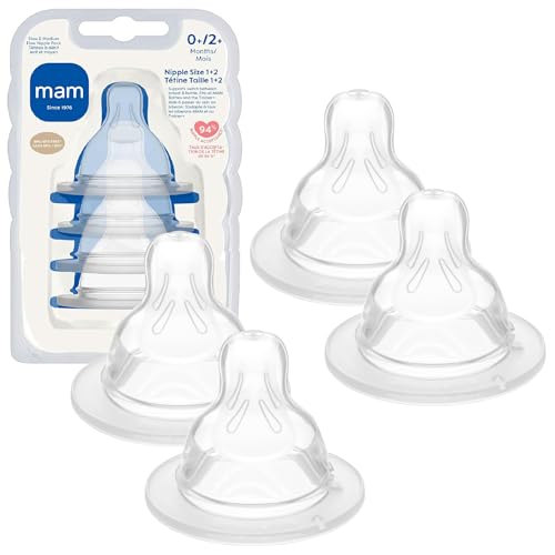 MAM ボトルニップル ミックスフローパック - スローフローニップルレベル1とミディアムフローニップルレベル2、新生児と高齢者、スキンソフトシリコンニップル 哺乳瓶用 すべてのMAMボトルに適合 4パックの商品画像（Amazon）