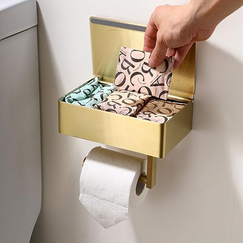 Day Moon Designs Toilet Paper Holder With Shelf - Flushable Wipes Dispenser & Storage Fits Any Bathroom, Keep Your Wet Wipes Hidden - Stainless Steel Wall Mount Bathroom Organizer - Gold, Large #TOP5