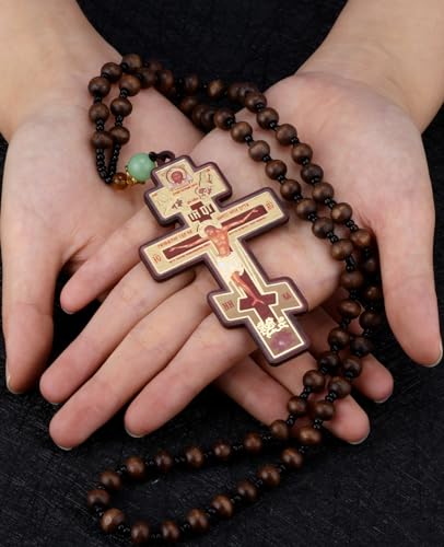 COTTVOTT Wood Rosary Beads Cross Necklace Men Prayer Eastern Orthodox Crucifix Jesus Pendant Necklace4