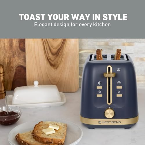 Image of West Bend Timeless 2-Slice Toaster with 7 Browning Levels, Bagel /Waffle /Defrost Settings, High-Lift Lever, Anti-Jam, Easy-Clean Crumb Tray, 2-Slice, Blue /Gold