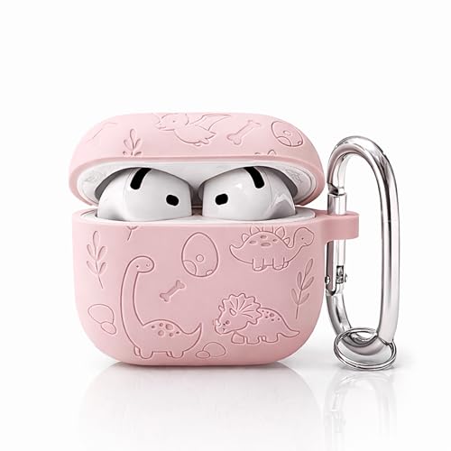 Image of Emoh Roced Case for Airpod 4 with Keychain,Silicone Dinosaur Engraved Cases Compatible with Apple AirPods 4th Generation 2024, Anti-Scratch, Protective Case Cover (Pink, for AirPods 4)