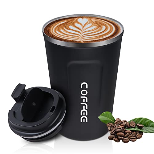 QUOTRE Tazza Termica,380 ml Tazza Caffè in Acciaio Inossidabile con Coperchio a Tenuta Stagna,Tazza da caffè da Asporto Tazza da Caffè Riutilizzabile a Tenuta Stagna per Acqua Caffè Tè Bevanda(Nero)