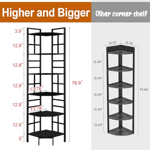 Corner Shelf, 6 Tier Tall Narrow Bookshelf 76.9", Industrial…